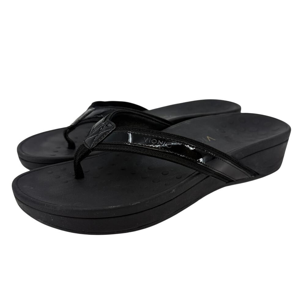 Vionic High Tide Womens 10 Black Patent Platform Wedge Flip Flop Sandals